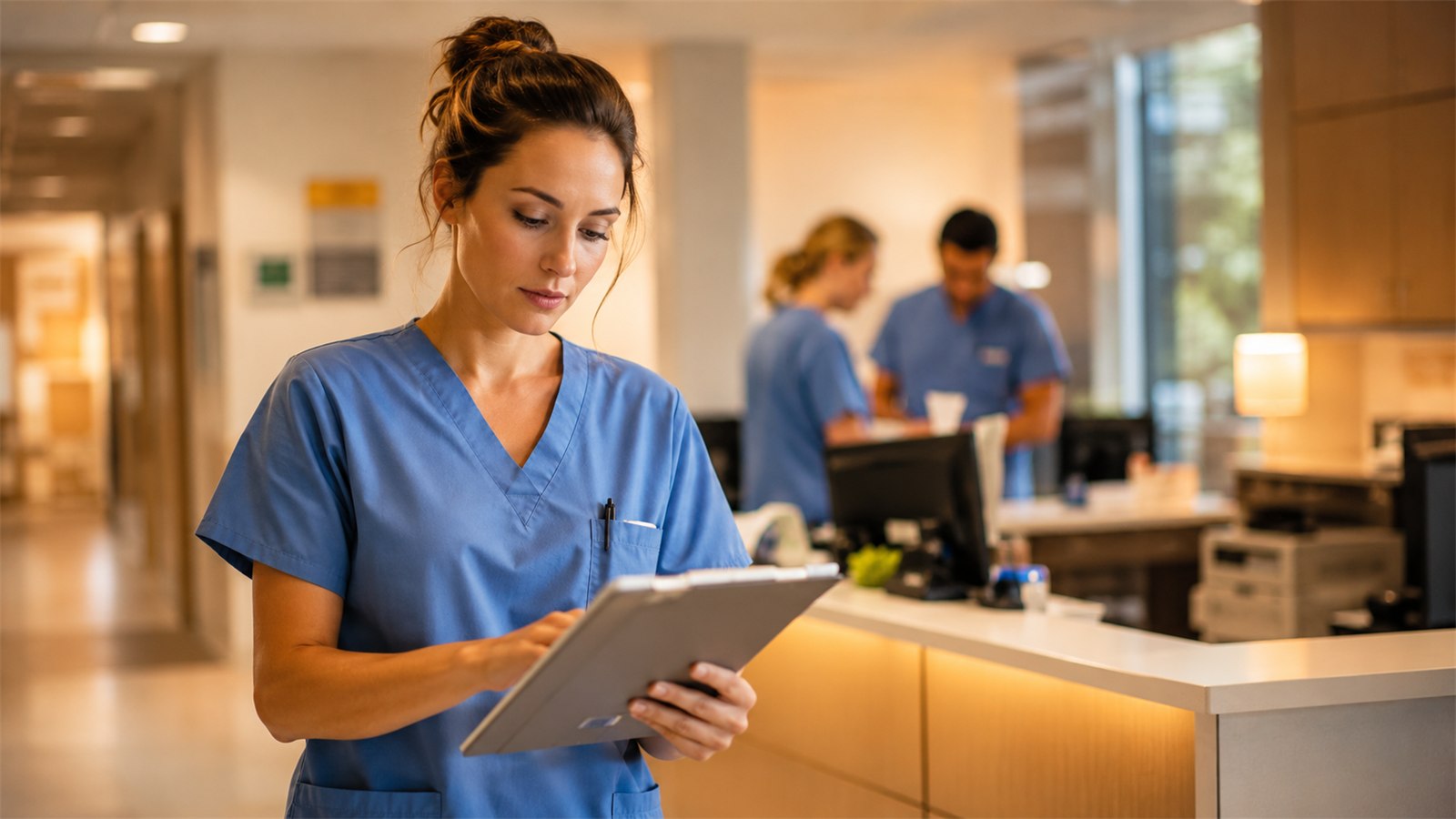 Infirmier en tenue de travail dans un couloir d'hôpital allemand